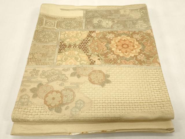 平和屋着物●中国三大刺繍　スワトウ刺繍　相良刺繍　総刺繍　太鼓柄袋帯　紬地　横段花文　正絹　逸品　未使用　CABG9333dy