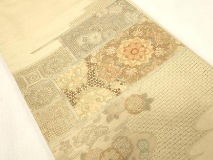 平和屋着物●中国三大刺繍　スワトウ刺繍　相良刺繍　総刺繍　太鼓柄袋帯　紬地　横段花文　正絹　逸品　未使用　CABG9333dy