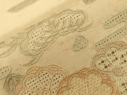平和屋着物●中国三大刺繍　スワトウ刺繍　相良刺繍　総刺繍　太鼓柄袋帯　紬地　横段花文　正絹　逸品　未使用　CABG9333dy