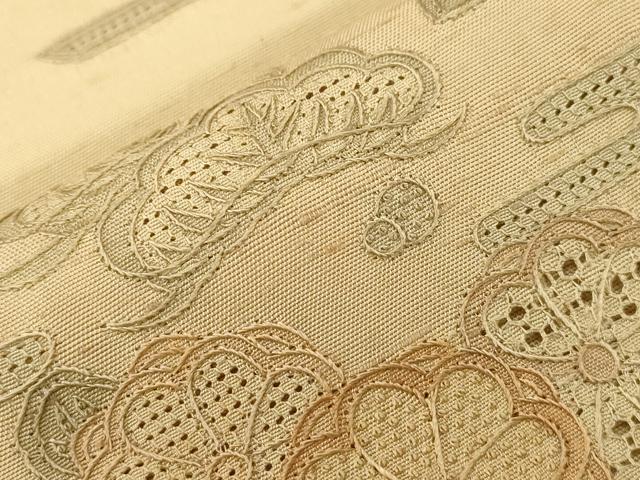 平和屋着物●中国三大刺繍　スワトウ刺繍　相良刺繍　総刺繍　太鼓柄袋帯　紬地　横段花文　正絹　逸品　未使用　CABG9333dy