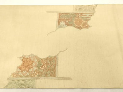 平和屋着物●中国三大刺繍　スワトウ刺繍　相良刺繍　総刺繍　太鼓柄袋帯　紬地　横段花文　正絹　逸品　未使用　CABG9333dy
