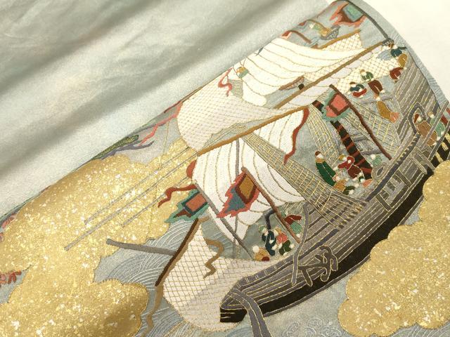 平和屋着物●太鼓柄袋帯　刺繍　人物風景文　金銀彩　引箔　正絹　逸品　CABG9340dy