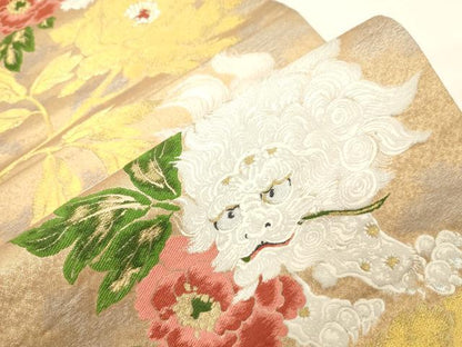 平和屋着物●六通柄袋帯　唐獅子　金糸　正絹　逸品　CABG9341dy