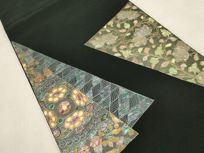 平和屋着物●太鼓柄袋帯　白鴎作　螺鈿　色紙重ね文　黒地　金銀彩　正絹　逸品　CABG9343dy