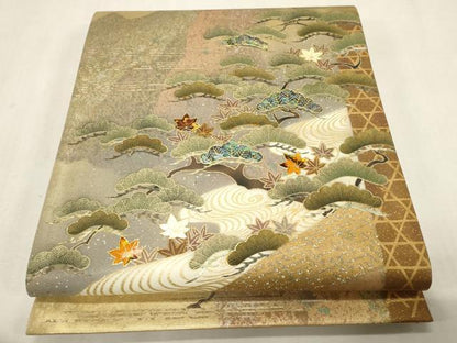 平和屋着物●螺鈿作家　藤本隆士　六通柄袋帯　流水枝松文　金銀彩　引箔　正絹　逸品　CABG9346dy