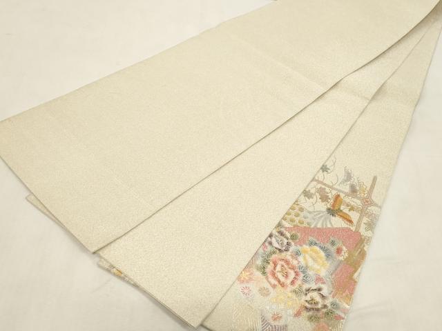平和屋着物●綴れ　太鼓柄袋帯　破れ色紙重ね花鳥文　金銀彩　正絹　逸品　CABG9352dy