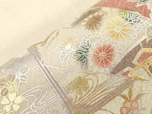 平和屋着物●綴れ　太鼓柄袋帯　破れ色紙重ね花鳥文　金銀彩　正絹　逸品　CABG9352dy