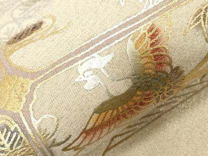 平和屋着物●綴れ　太鼓柄袋帯　破れ色紙重ね花鳥文　金銀彩　正絹　逸品　CABG9352dy