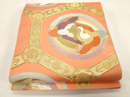 平和屋着物●六通柄袋帯　唐織　亀甲尾長鳥丸文　金糸　正絹　逸品　CABG9356dy