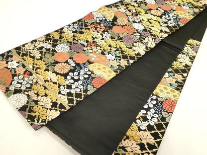 平和屋着物●六通柄袋帯　唐織　籬草花文　黒地　金糸　正絹　逸品　CABG9361dy