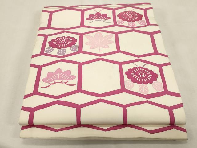 平和屋着物●塩瀬　九寸開き名古屋帯　型染め　亀甲花文　正絹　逸品　CABG9363dy