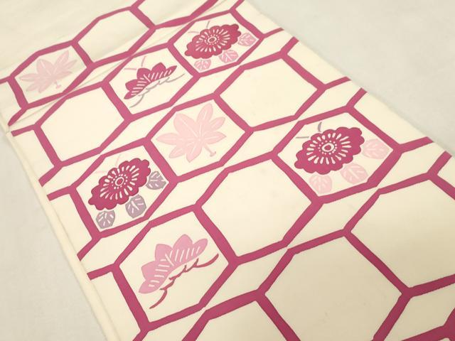 平和屋着物●塩瀬　九寸開き名古屋帯　型染め　亀甲花文　正絹　逸品　CABG9363dy