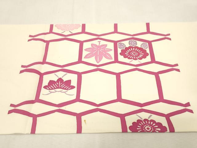 平和屋着物●塩瀬　九寸開き名古屋帯　型染め　亀甲花文　正絹　逸品　CABG9363dy