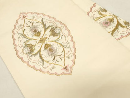 平和屋着物●塩瀬　九寸名古屋帯　総刺繍　駒刺繍　草花文　金銀糸　正絹　逸品　CABG9371dy