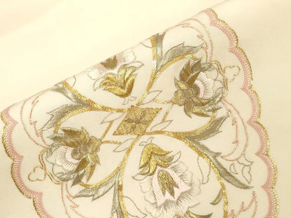 平和屋着物●塩瀬　九寸名古屋帯　総刺繍　駒刺繍　草花文　金銀糸　正絹　逸品　CABG9371dy