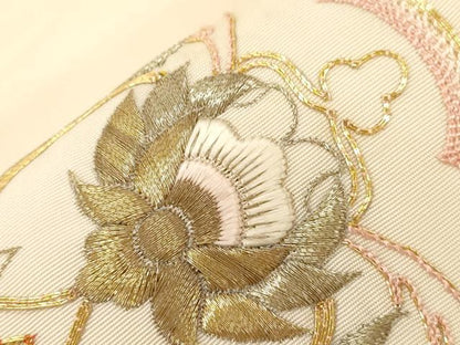 平和屋着物●塩瀬　九寸名古屋帯　総刺繍　駒刺繍　草花文　金銀糸　正絹　逸品　CABG9371dy