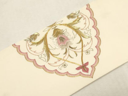 平和屋着物●塩瀬　九寸名古屋帯　総刺繍　駒刺繍　草花文　金銀糸　正絹　逸品　CABG9371dy