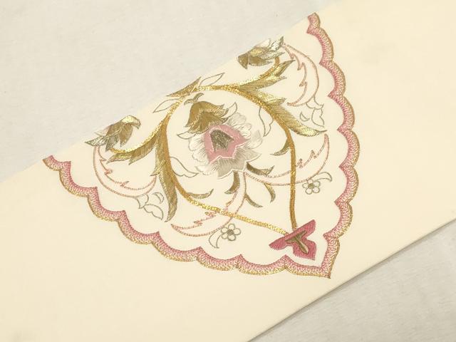 平和屋着物●塩瀬　九寸名古屋帯　総刺繍　駒刺繍　草花文　金銀糸　正絹　逸品　CABG9371dy