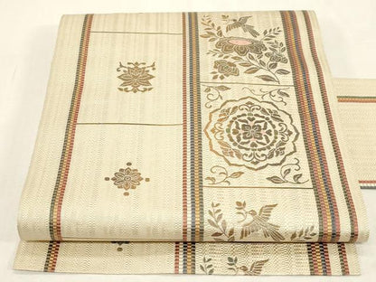 平和屋着物●本場筑前博多織　八寸名古屋帯　花鳥文　名古屋仕立て　正絹　逸品　CABG9372dy