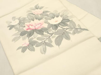 平和屋着物●塩瀬　九寸名古屋帯　手描き　草花文　正絹　逸品　CABG9376dy