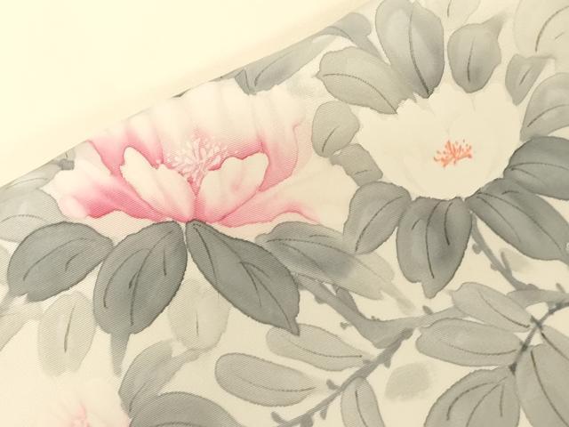 平和屋着物●塩瀬　九寸名古屋帯　手描き　草花文　正絹　逸品　CABG9376dy