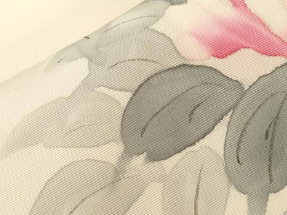 平和屋着物●塩瀬　九寸名古屋帯　手描き　草花文　正絹　逸品　CABG9376dy
