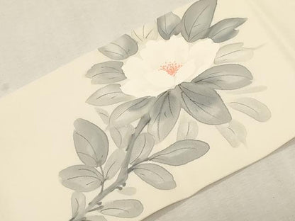 平和屋着物●塩瀬　九寸名古屋帯　手描き　草花文　正絹　逸品　CABG9376dy