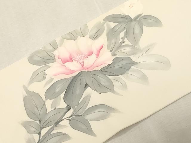 平和屋着物●塩瀬　九寸名古屋帯　手描き　草花文　正絹　逸品　CABG9376dy