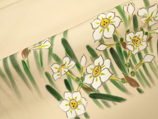平和屋着物●塩瀬　九寸名古屋帯　手描き　睡蓮　正絹　逸品　CABG9378dy