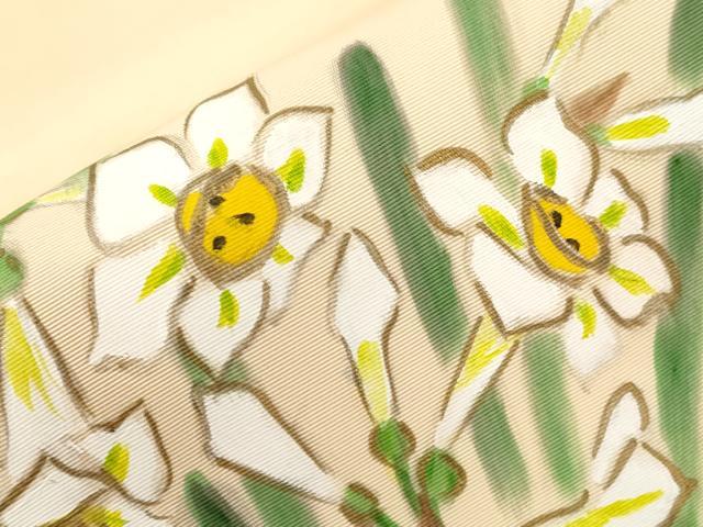 平和屋着物●塩瀬　九寸名古屋帯　手描き　睡蓮　正絹　逸品　CABG9378dy
