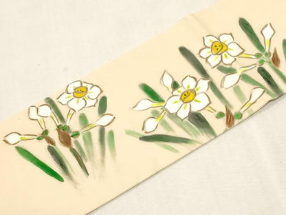 平和屋着物●塩瀬　九寸名古屋帯　手描き　睡蓮　正絹　逸品　CABG9378dy