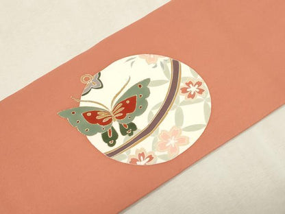 平和屋着物●塩瀬　九寸名古屋帯　駒刺繍　花蝶文　金彩　正絹　逸品　CABG9385dy