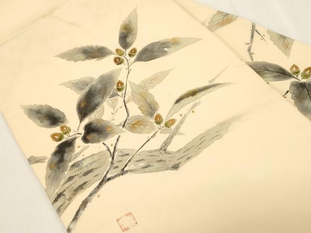 平和屋着物●塩瀬　九寸名古屋帯　作家物　手描き　どんぐり　金彩　正絹　逸品　CABG9386dy