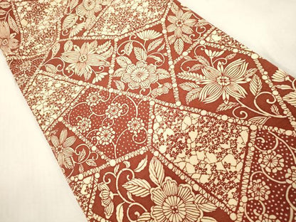 平和屋着物●九寸開き名古屋帯　紬地　型染め　切嵌草花文　正絹　逸品　CABG9389dy