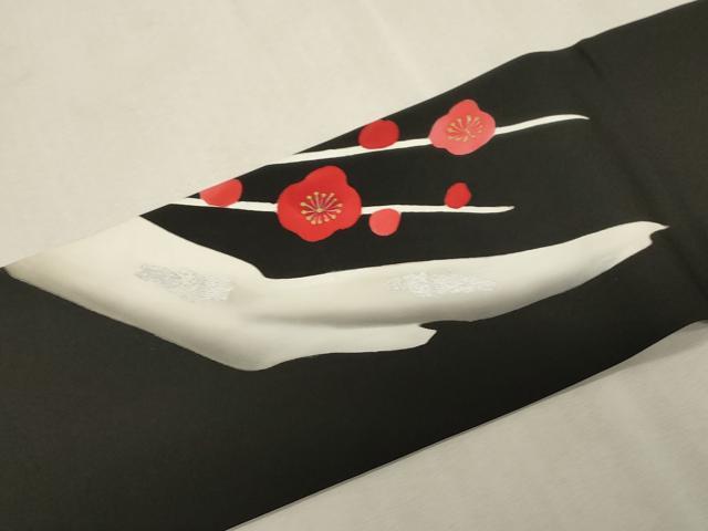 平和屋着物●塩瀬　九寸名古屋帯　枝梅文　黒地　金銀彩　正絹　逸品　CABG9394dy