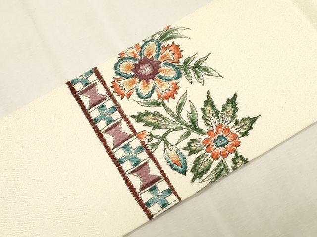 平和屋着物●九寸名古屋帯　手描き　更紗花文　正絹　逸品　CABG9397dy