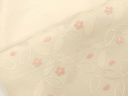 平和屋着物●塩瀬　九寸名古屋帯　総刺繍　舞桜文　正絹　逸品　CABG9402dy