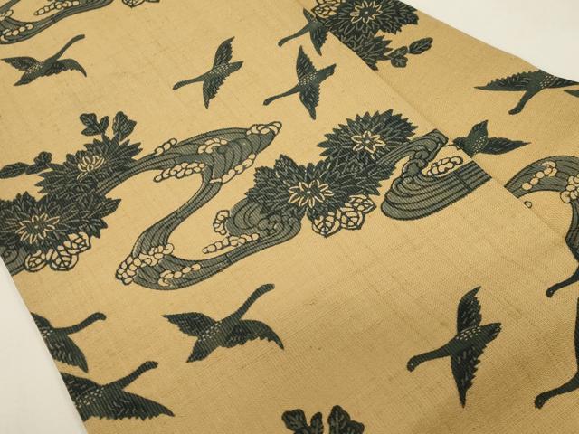 平和屋着物●九寸名古屋帯　紬地　藍　型染め　流水花鳥文　正絹　逸品　CABG9405dy