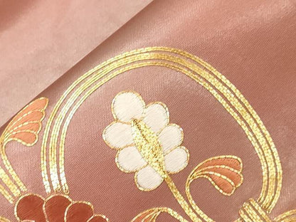平和屋着物●九寸名古屋帯　駒刺繍　幾何学花文　正絹　逸品　CABG9416dy