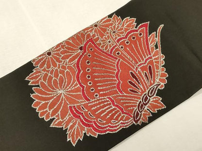 平和屋着物●西陣　川島織物　九寸名古屋帯　花蝶文　黒地　銀糸　正絹　逸品　CABG9425dy