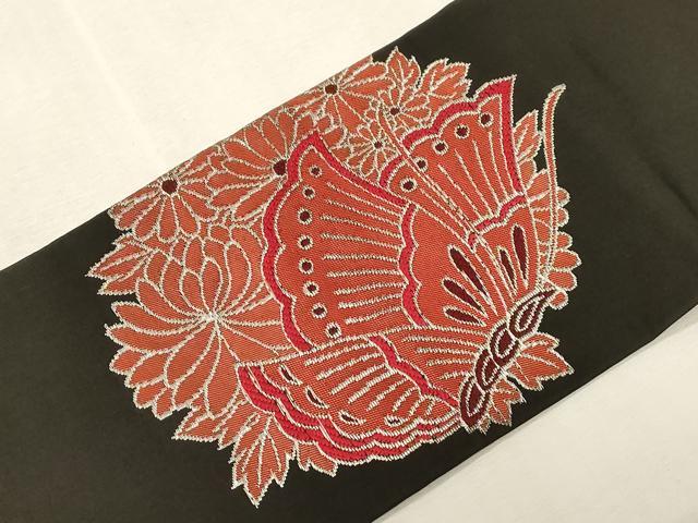 平和屋着物●西陣　川島織物　九寸名古屋帯　花蝶文　黒地　銀糸　正絹　逸品　CABG9425dy