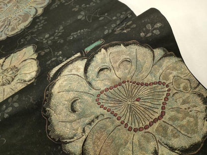 平和屋着物●西洞院辻が花　大脇一心　六通柄袋帯　草花文　黒地　金糸　正絹　逸品　CABG9435dy