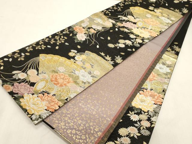 平和屋着物●六通柄袋帯　唐織　桧扇鼓花文　黒地　金銀糸　正絹　逸品　CABG9443dy