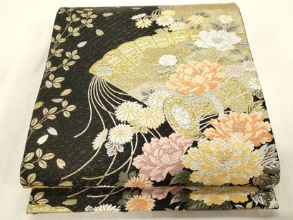 平和屋着物●六通柄袋帯　唐織　桧扇鼓花文　黒地　金銀糸　正絹　逸品　CABG9443dy