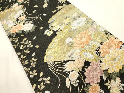 平和屋着物●六通柄袋帯　唐織　桧扇鼓花文　黒地　金銀糸　正絹　逸品　CABG9443dy