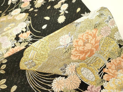 平和屋着物●六通柄袋帯　唐織　桧扇鼓花文　黒地　金銀糸　正絹　逸品　CABG9443dy