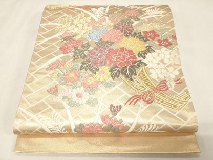 平和屋着物●西陣　六通柄袋帯　唐織　陶器花文　金糸　証紙付き　正絹　逸品　未使用　CABG9452dy