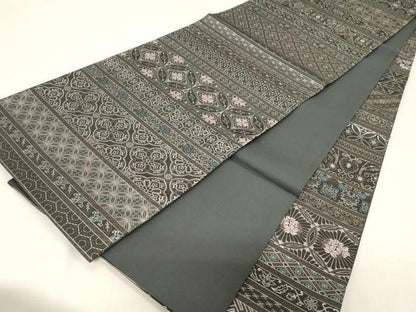 平和屋着物●全通柄袋帯　本場大島紬織　横段花鳥文　銀糸　正絹　逸品　未使用　CABG9456dy