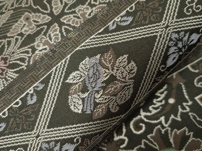 平和屋着物●全通柄袋帯　本場大島紬織　横段花鳥文　銀糸　正絹　逸品　未使用　CABG9456dy