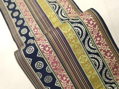 平和屋着物●本場筑前博多織　半幅帯　幾何学花間道　正絹　逸品　CABG9469dy